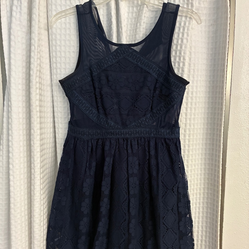 Short Navy Lace Dress with Sheer Panels